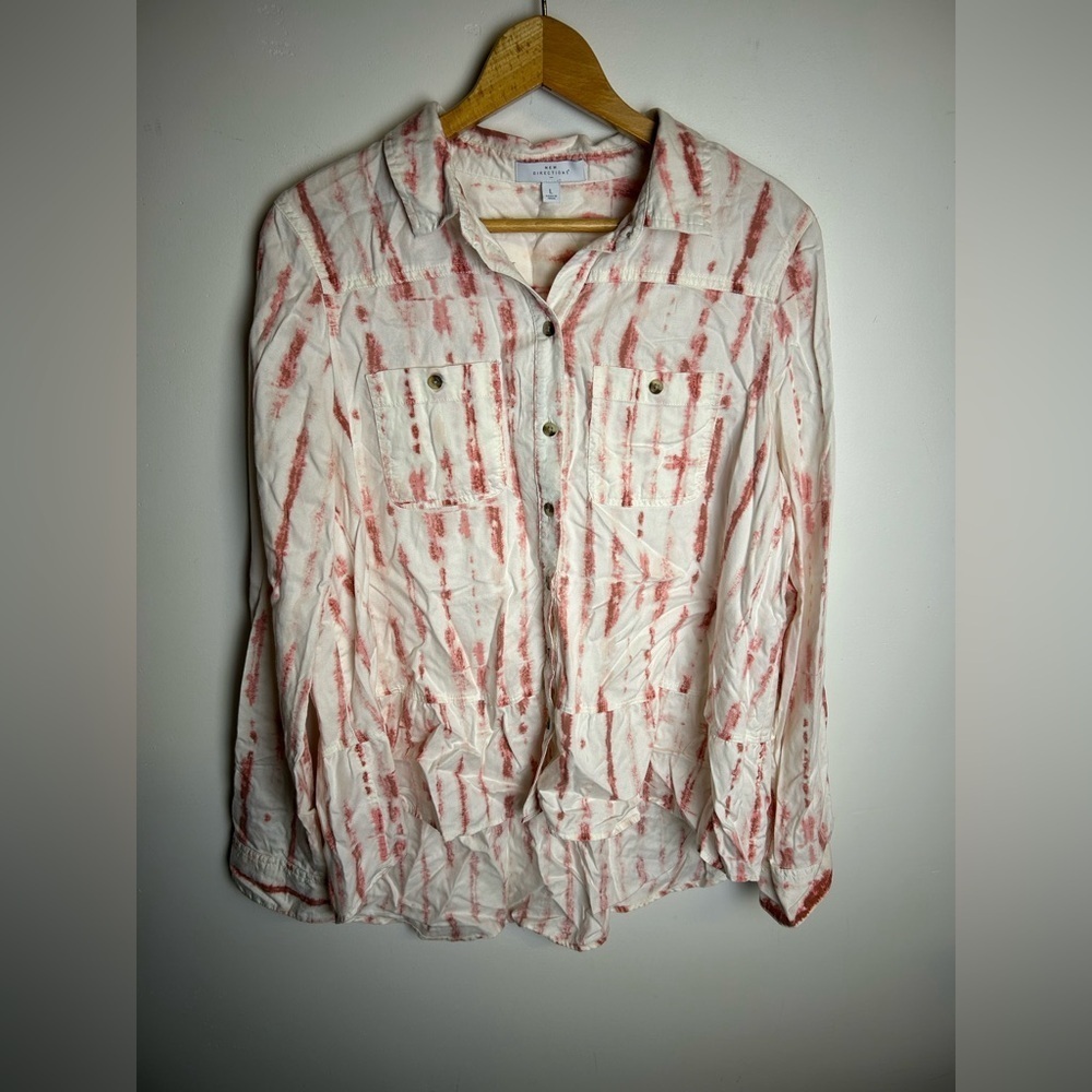 New‎ Directions Women's Red-White Button-Up Shirt Boho Cowgirl Size L lyocell